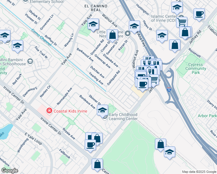 map of restaurants, bars, coffee shops, grocery stores, and more near 14942 Dahlquist Road in Irvine