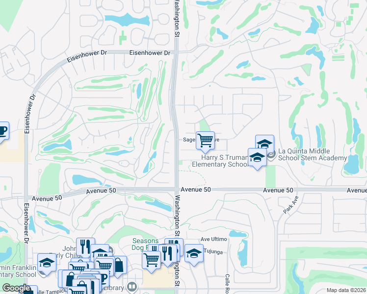 map of restaurants, bars, coffee shops, grocery stores, and more near 78570 Bottlebrush Drive in La Quinta
