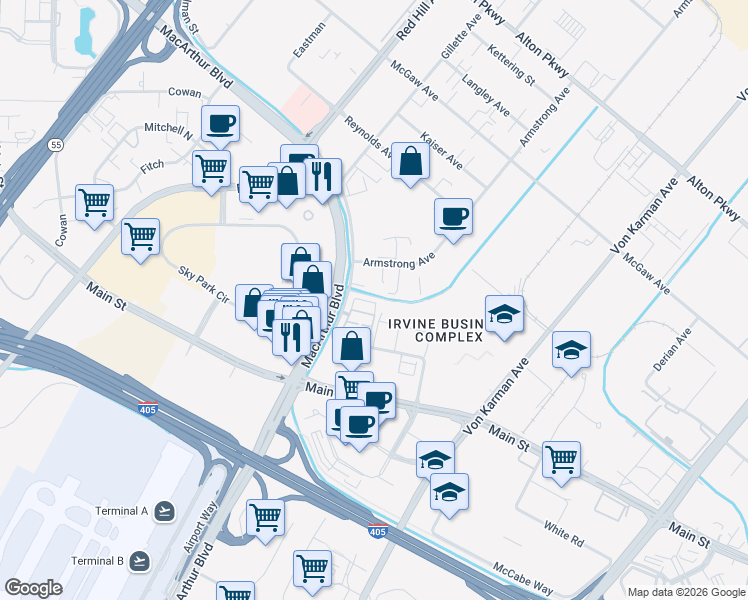 map of restaurants, bars, coffee shops, grocery stores, and more near 337 Placemark in Irvine