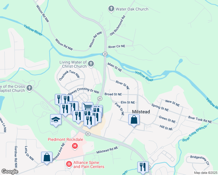 map of restaurants, bars, coffee shops, grocery stores, and more near 1490 Broad Street Northeast in Conyers