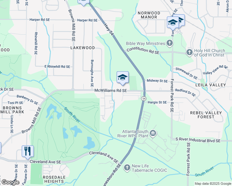 map of restaurants, bars, coffee shops, grocery stores, and more near 635 McWilliams Road in Atlanta