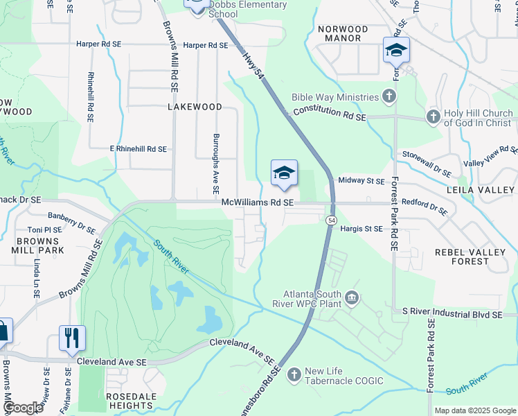 map of restaurants, bars, coffee shops, grocery stores, and more near 2602 McWilliams Road in Atlanta
