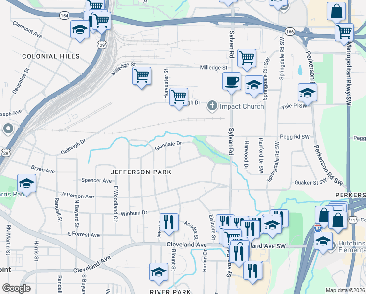 map of restaurants, bars, coffee shops, grocery stores, and more near 2438 Fallview Terrace in East Point