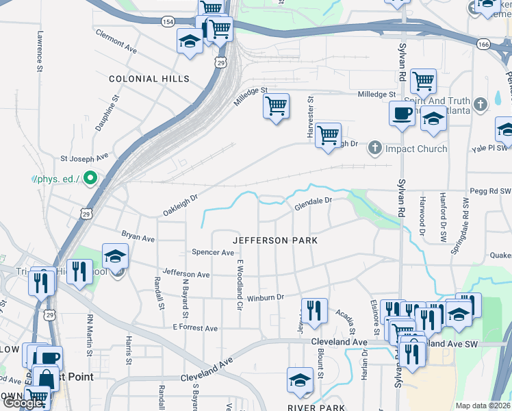 map of restaurants, bars, coffee shops, grocery stores, and more near 2441 Jefferson Terrace in East Point