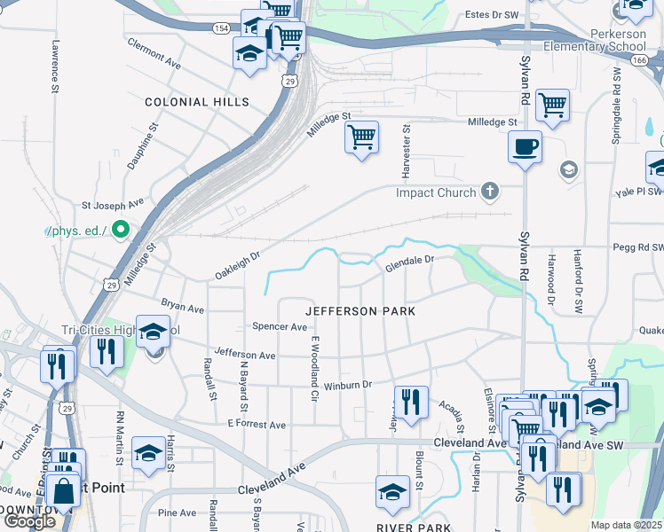 map of restaurants, bars, coffee shops, grocery stores, and more near 2441 Jefferson Terrace in East Point