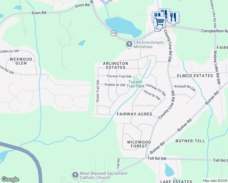 map of restaurants, bars, coffee shops, grocery stores, and more near 4838 Santa Fe Trail Southwest in Atlanta