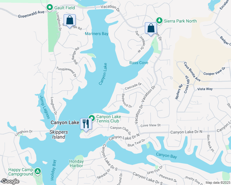 map of restaurants, bars, coffee shops, grocery stores, and more near 29735 Eagle Point Drive in Canyon Lake