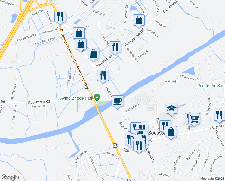 map of restaurants, bars, coffee shops, grocery stores, and more near 6010 Dick Pond Road in Myrtle Beach