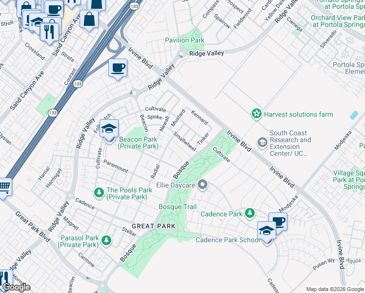 map of restaurants, bars, coffee shops, grocery stores, and more near 106 Smallwheel in Irvine