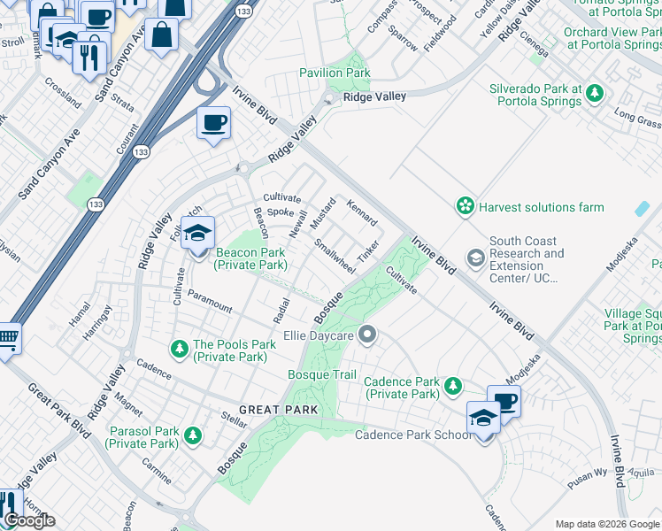 map of restaurants, bars, coffee shops, grocery stores, and more near 109 Sideways in Irvine
