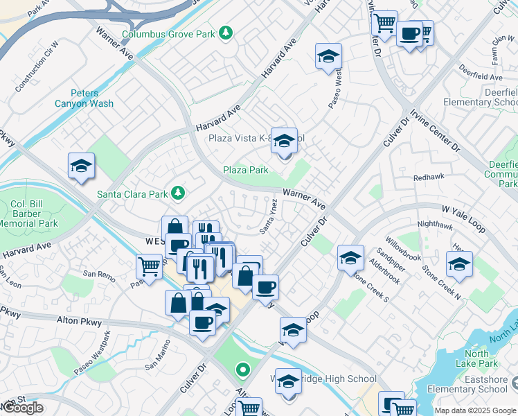 map of restaurants, bars, coffee shops, grocery stores, and more near 16 Santa Cruz Aisle in Irvine