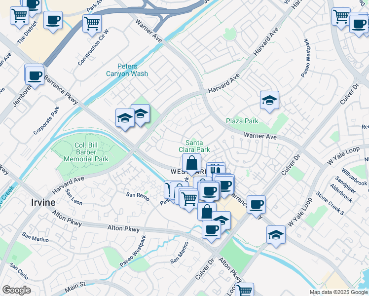 map of restaurants, bars, coffee shops, grocery stores, and more near 100 Santa Louisa in Irvine