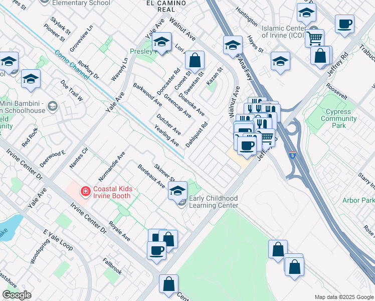map of restaurants, bars, coffee shops, grocery stores, and more near 14942 Dahlquist Road in Irvine