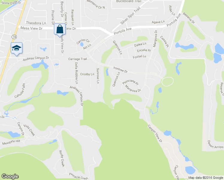 map of restaurants, bars, coffee shops, grocery stores, and more near 49215 Quercus Lane in Palm Desert
