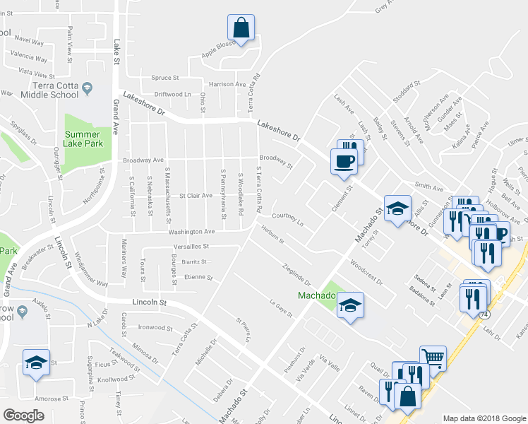 map of restaurants, bars, coffee shops, grocery stores, and more near 15160 Courtney Lane in Lake Elsinore