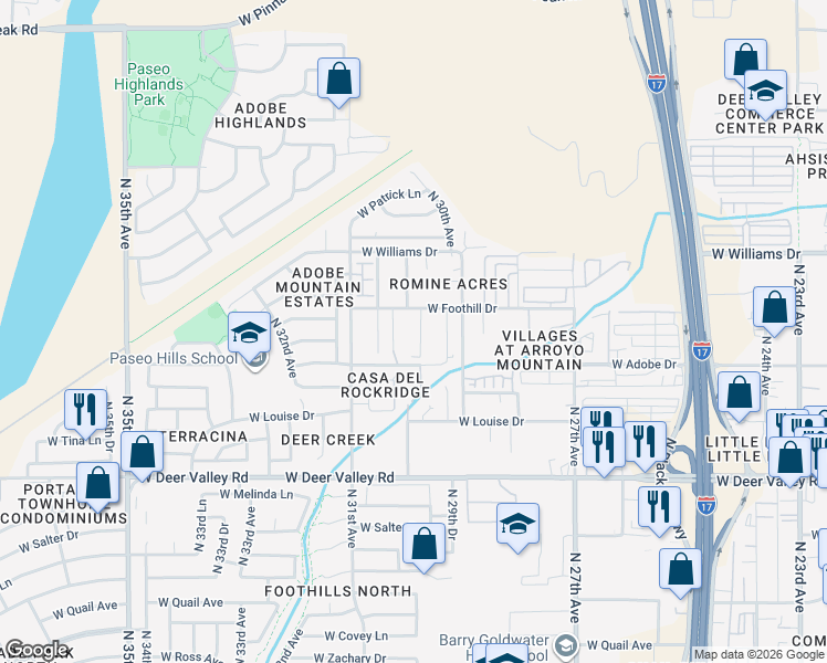 map of restaurants, bars, coffee shops, grocery stores, and more near 2965 West Foothill Drive in Phoenix