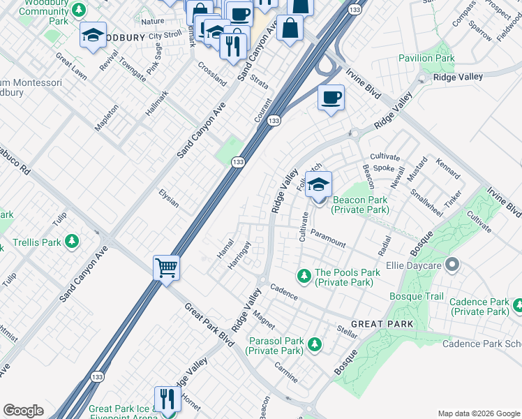 map of restaurants, bars, coffee shops, grocery stores, and more near 114 Novel in Irvine