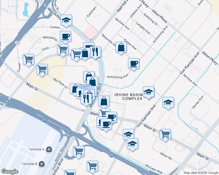 map of restaurants, bars, coffee shops, grocery stores, and more near 335 Placemark in Irvine
