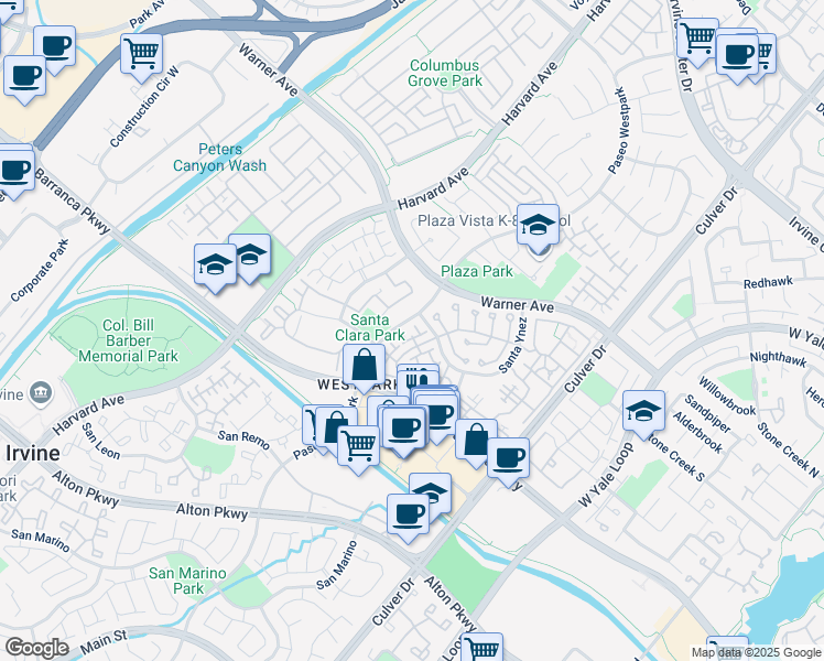 map of restaurants, bars, coffee shops, grocery stores, and more near 2900 Ladrillo Aisle in Irvine