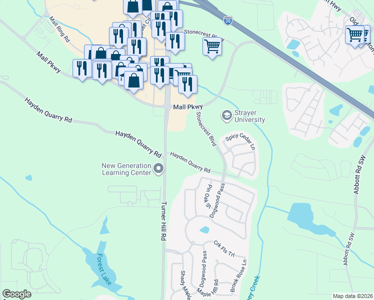 map of restaurants, bars, coffee shops, grocery stores, and more near 3206 Turner Hill Road in Stonecrest
