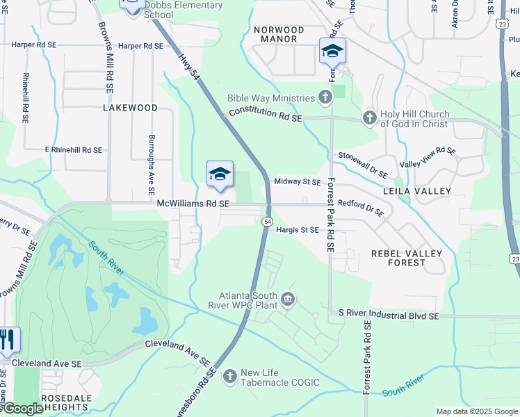 map of restaurants, bars, coffee shops, grocery stores, and more near 2390 Rose Palm Lane in Atlanta