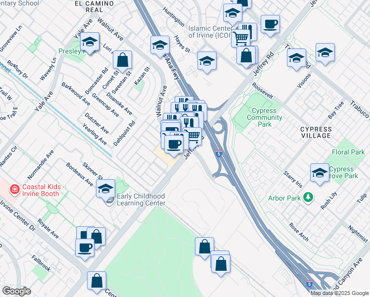 map of restaurants, bars, coffee shops, grocery stores, and more near 14805 Jeffrey Road in Irvine