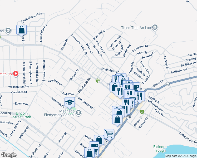 map of restaurants, bars, coffee shops, grocery stores, and more near 16510 Lakeshore Drive in Lake Elsinore