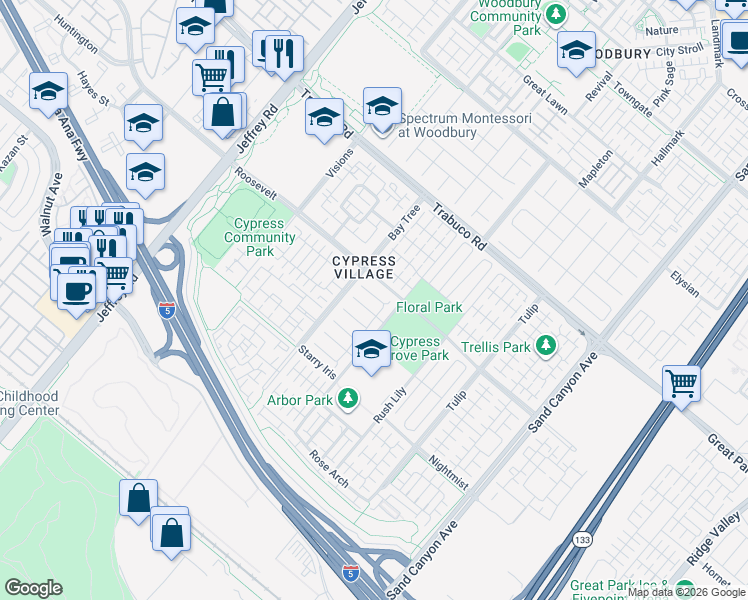map of restaurants, bars, coffee shops, grocery stores, and more near 112 Velvetleaf in Irvine