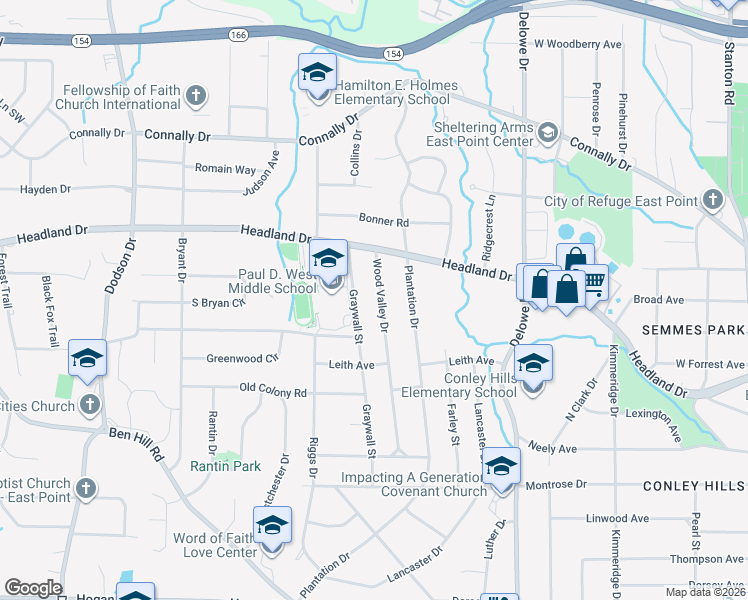 map of restaurants, bars, coffee shops, grocery stores, and more near 2449 Wood Valley Drive in East Point