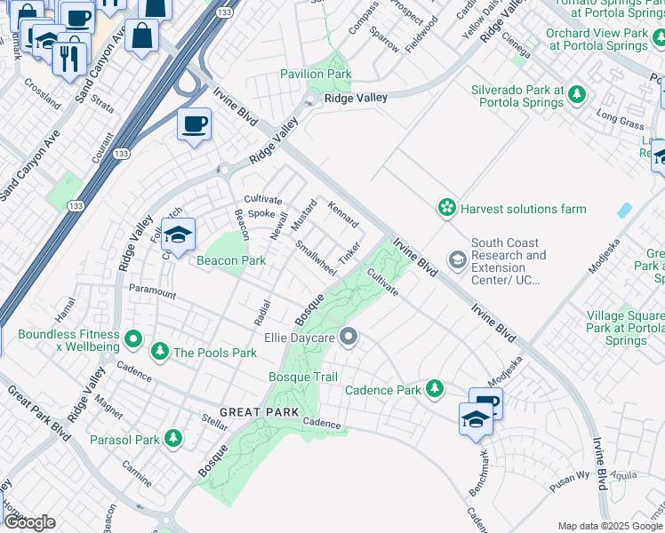 map of restaurants, bars, coffee shops, grocery stores, and more near 101 Tinker in Irvine