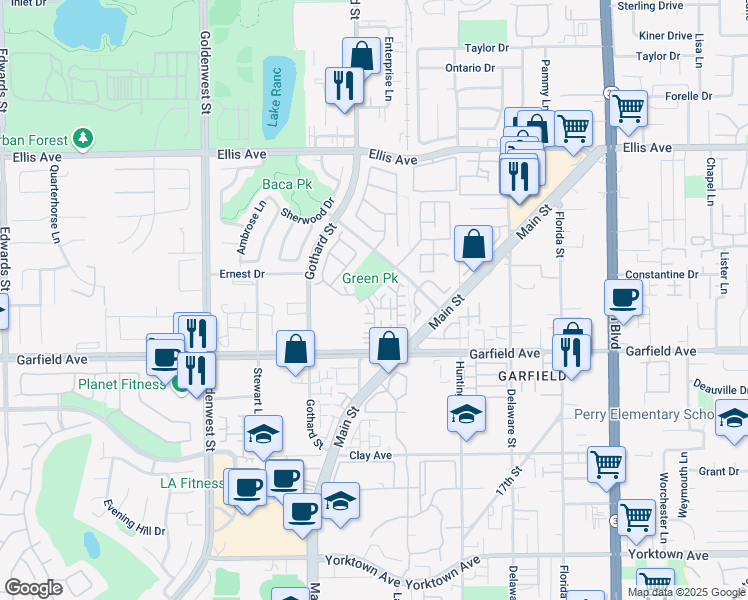 map of restaurants, bars, coffee shops, grocery stores, and more near 18862 Breezy Lane in Huntington Beach