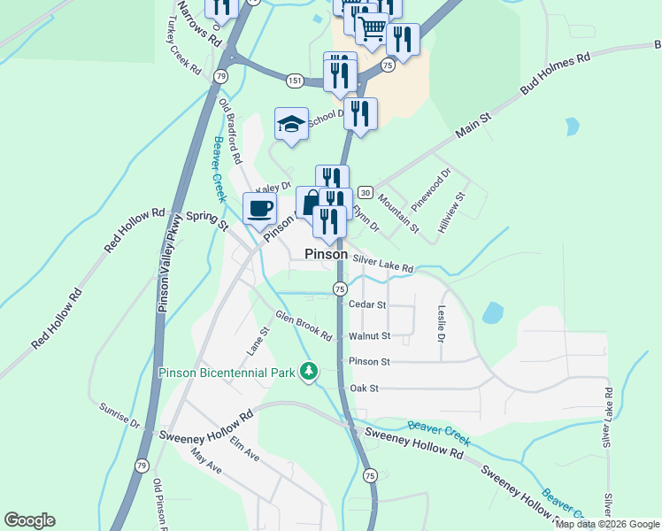 map of restaurants, bars, coffee shops, grocery stores, and more near 4458 Center Point Road in Pinson