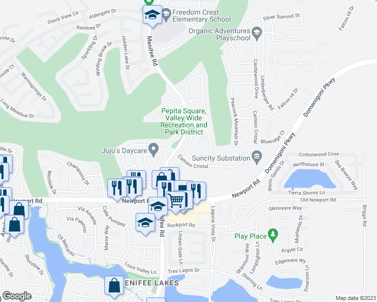 map of restaurants, bars, coffee shops, grocery stores, and more near 29790 Painted Desert Drive in Menifee