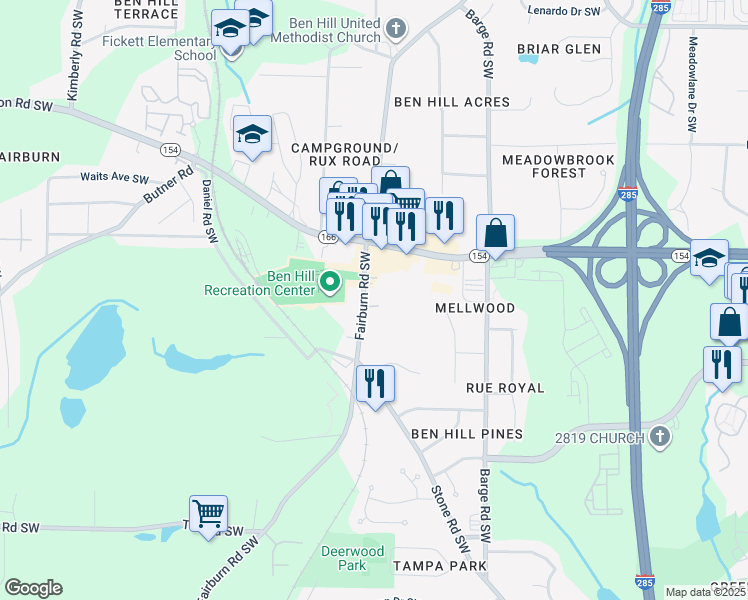 map of restaurants, bars, coffee shops, grocery stores, and more near 2426 Fairburn Road Southwest in Atlanta
