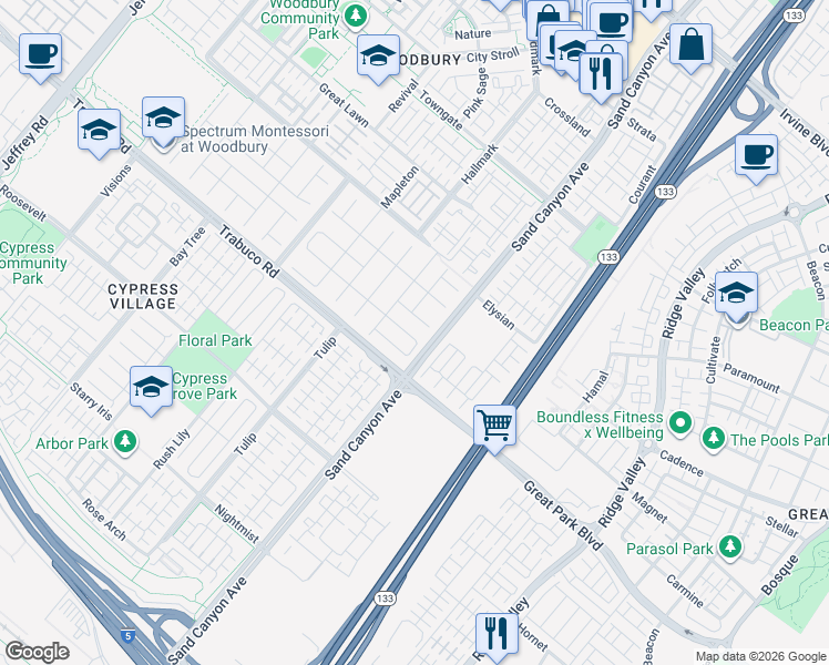 map of restaurants, bars, coffee shops, grocery stores, and more near 95 Statuary in Irvine