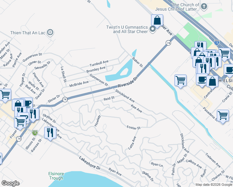 map of restaurants, bars, coffee shops, grocery stores, and more near Illinois Street in Lake Elsinore