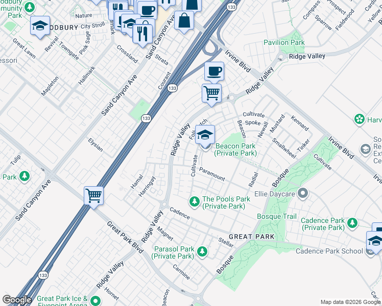 map of restaurants, bars, coffee shops, grocery stores, and more near 130 Follyhatch in Irvine