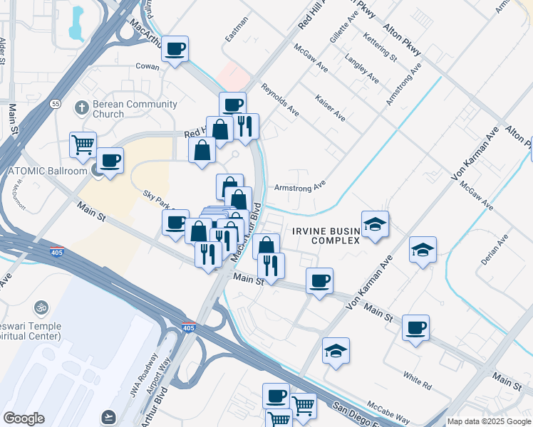 map of restaurants, bars, coffee shops, grocery stores, and more near 371 Placemark in Irvine