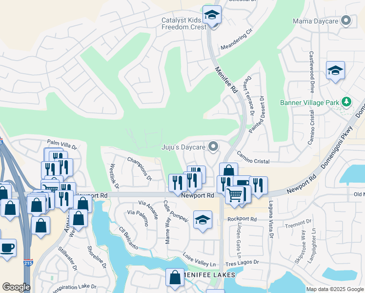 map of restaurants, bars, coffee shops, grocery stores, and more near 28820 Corte Suerte in Menifee