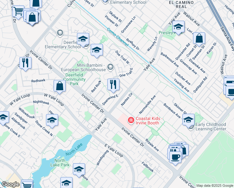 map of restaurants, bars, coffee shops, grocery stores, and more near 23 Deerwood East in Irvine