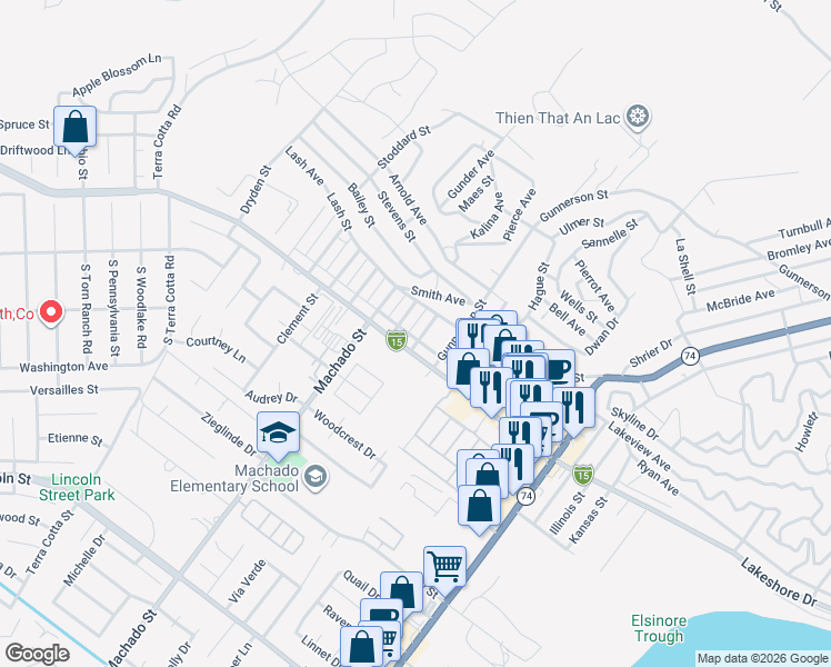 map of restaurants, bars, coffee shops, grocery stores, and more near 30187 Allis Street in Lake Elsinore