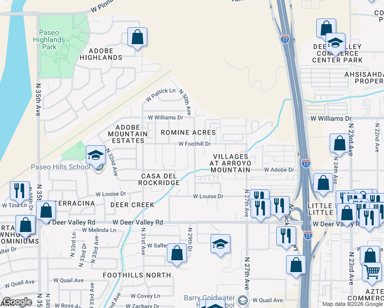 map of restaurants, bars, coffee shops, grocery stores, and more near 22227 North 29th Drive in Phoenix