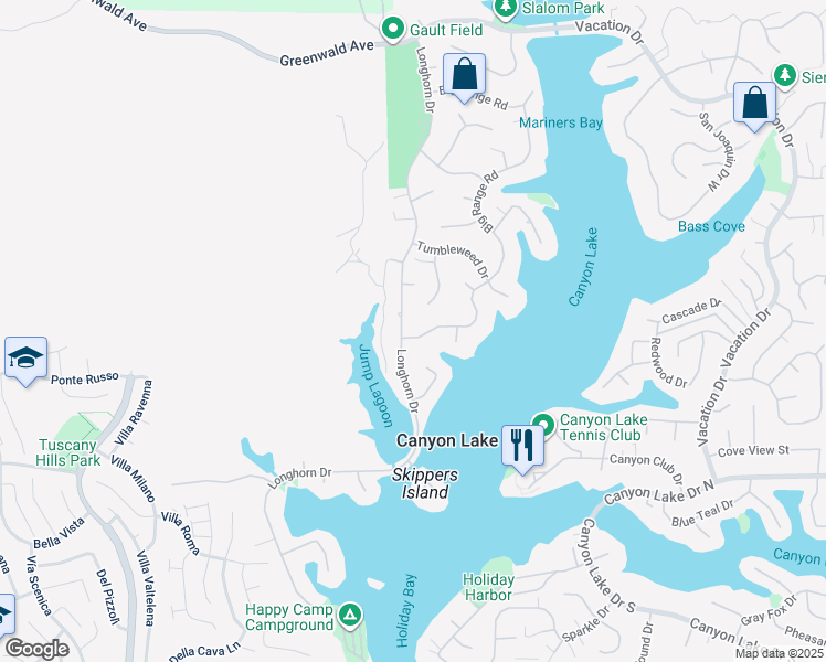 map of restaurants, bars, coffee shops, grocery stores, and more near 30085 Big Range Road in Canyon Lake