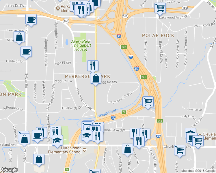 map of restaurants, bars, coffee shops, grocery stores, and more near 550 Pomona Circle Southwest in Atlanta