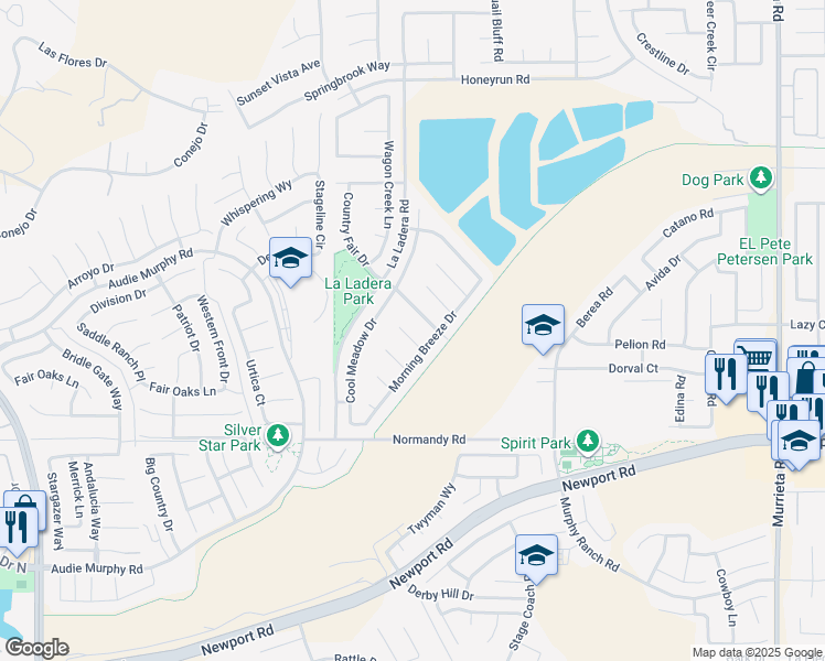 map of restaurants, bars, coffee shops, grocery stores, and more near 25286 Shady Creek Circle in Menifee
