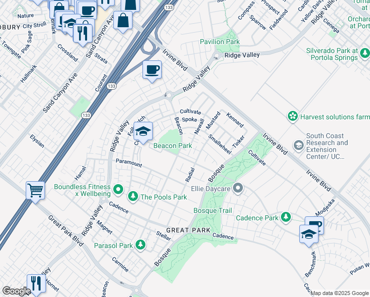 map of restaurants, bars, coffee shops, grocery stores, and more near 814 Beacon in Irvine