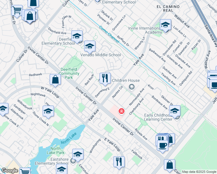 map of restaurants, bars, coffee shops, grocery stores, and more near 23 Deerwood East in Irvine