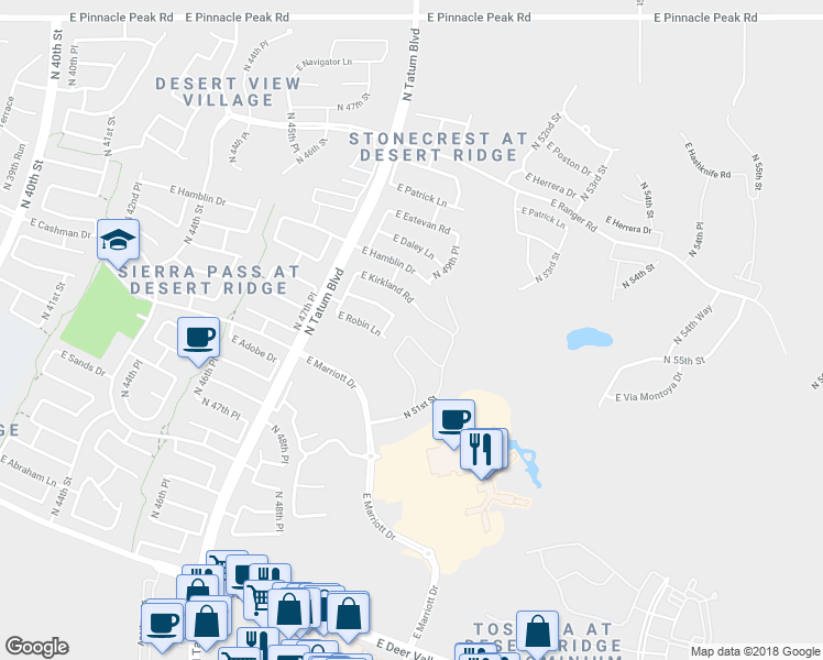 map of restaurants, bars, coffee shops, grocery stores, and more near 5006 East Robin Lane in Phoenix