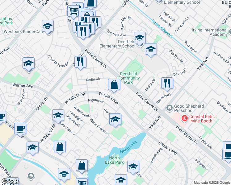 map of restaurants, bars, coffee shops, grocery stores, and more near 20 Oakdale in Irvine