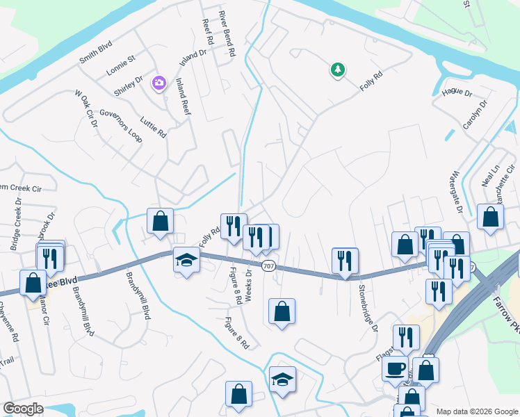 map of restaurants, bars, coffee shops, grocery stores, and more near 390 Worthington Circle in Myrtle Beach